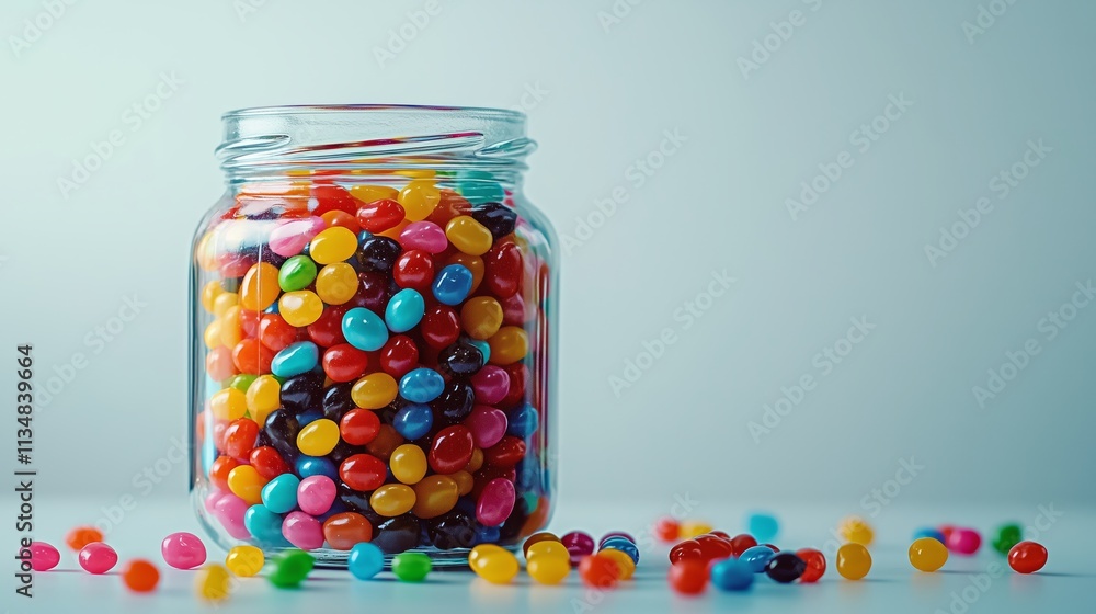 Colorful Jelly Beans in Glass Jar with Spilled Candy Colorful Jelly Beans in Glass Jar with Spilled Candy