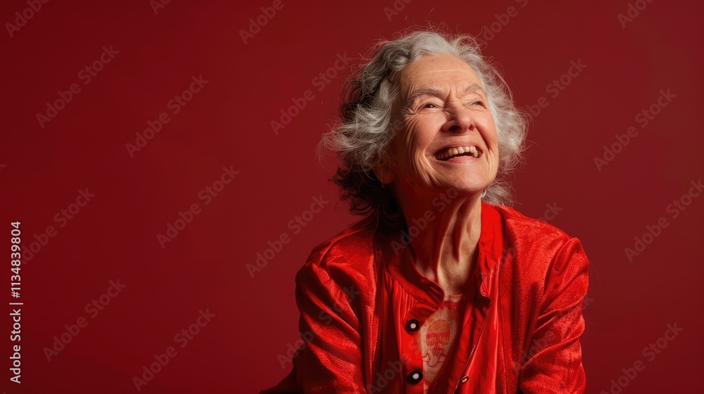 a beautiful old woman laughing on a plain red background, fashion a beautiful old woman laughing on a plain red background, fashion