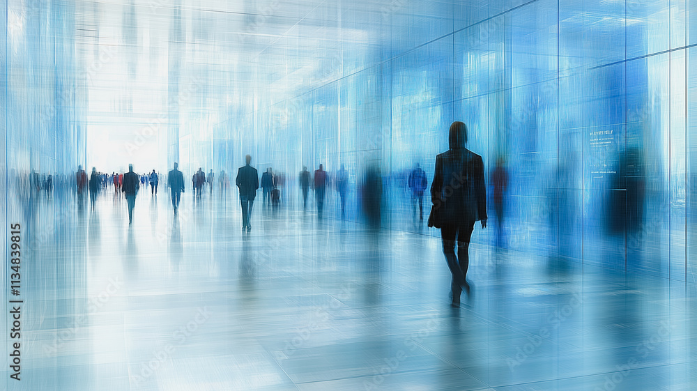 A group of people walking in a large, empty building A group of people walking in a large, empty building