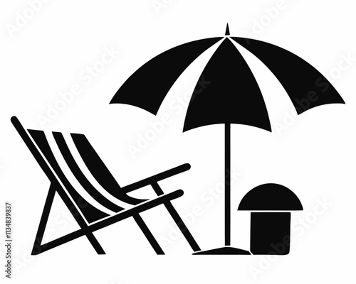 Beach chair silhouette vector, Beach umbrella and chair icon vector