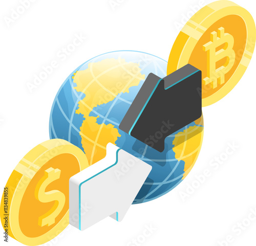 Global isometric view of exchanging bitcoin and dollar with white background representing cryptocurrency exchange, digital currency, and global finance