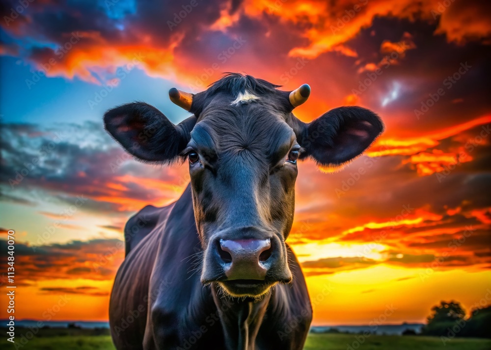 Close-Up Silhouette of a Black Cow's Head Against a Sunset Sky, Highlighting the Contours and Features of the Animal in a Stunning Contrast of Light and Shadow Close-Up Silhouette of a Black Cow's Head Against a Sunset Sky, Highlighting the Contours and Features of the Animal in a Stunning Contrast of Light and Shadow