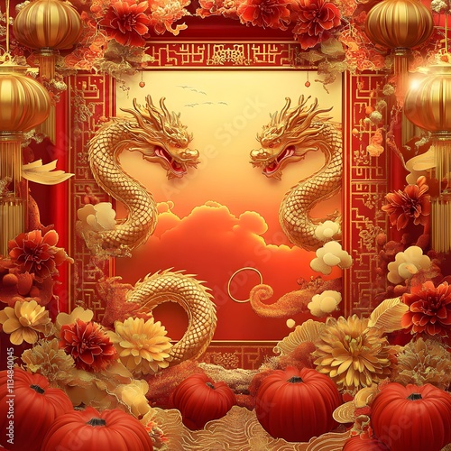 Wallpaper Mural A vibrant illustration featuring two golden dragons amidst autumn decorations and pumpkins. Torontodigital.ca