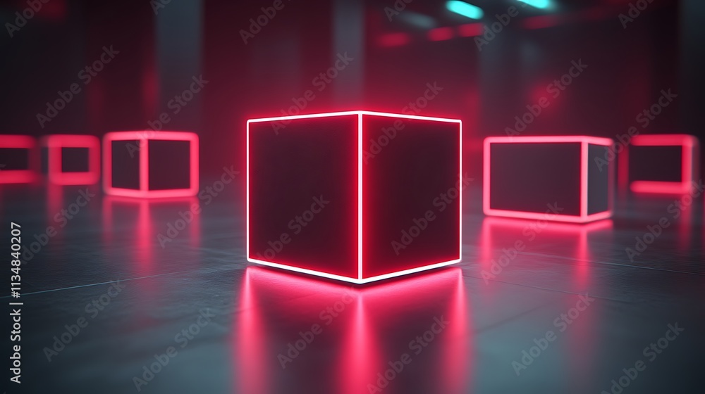 Glowing red neon cubes in dark room. Glowing red neon cubes in dark room.