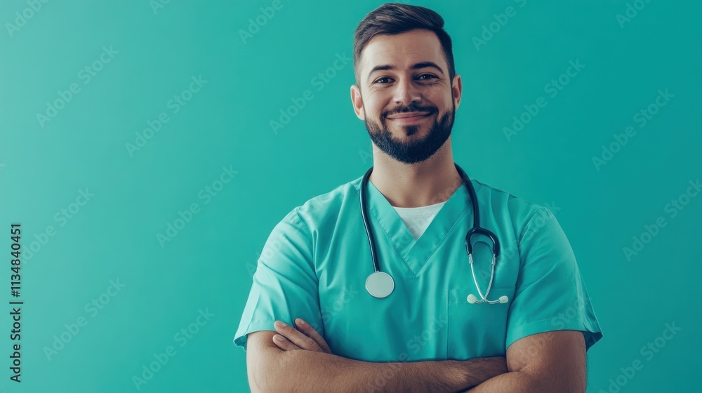 Smiling Male Doctor Wearing Teal Scrubs and Stethoscope Smiling Male Doctor Wearing Teal Scrubs and Stethoscope