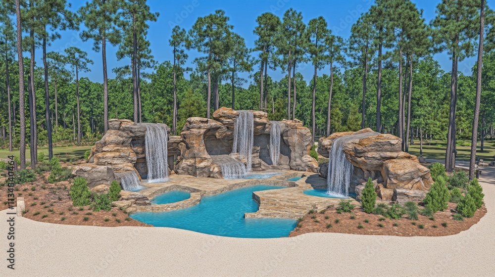 Fototapeta premium A modern pool design with a gently cascading waterfall, nestled within greenery for an elegant and calming ambiance.