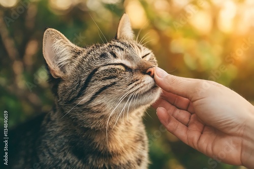 A cat sniffing a person's hand with its eyes closed. photo