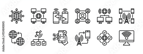 Connect, connection thin line icon set. Containing network, connectivity, share, computer device technology, interconnect, internet, sync, wireless, scan barcode, people, system. Vector illustration