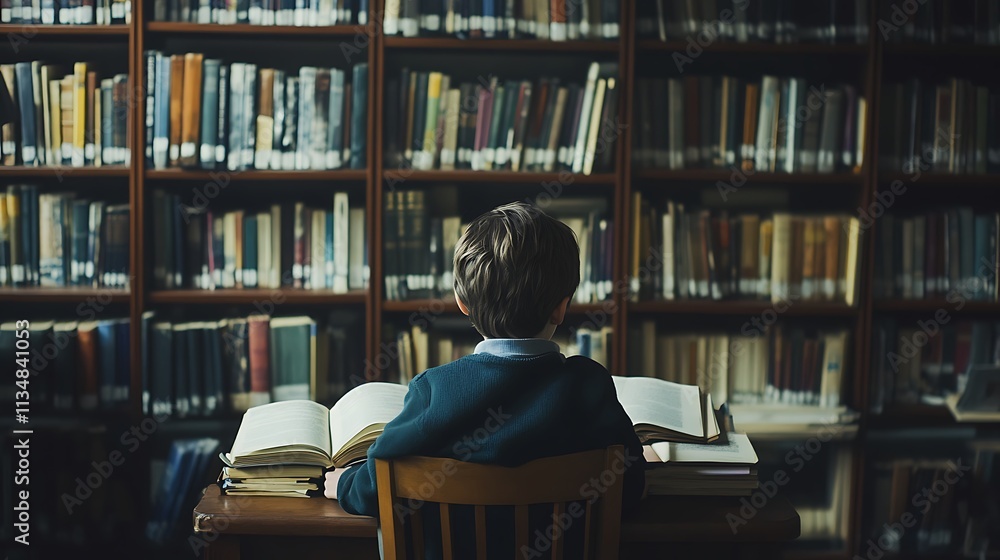 A boy's literary burden in a library A boy's literary burden in a library