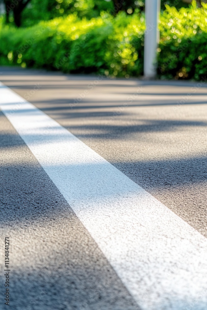 Obraz premium Close-up of a white line dividing a bicycle lane in an urban park, promoting cycling and active lifestyles