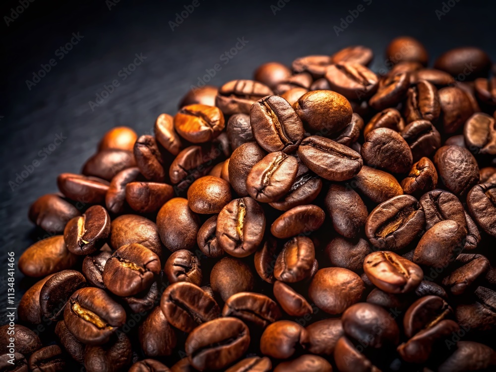 Naklejka premium Close-Up View of Coffee Beans on a Dark Black Background, Perfect for Coffee Lovers and Gourmet Beverage Photography, Celebrating Rich Textures and Natural Beauty