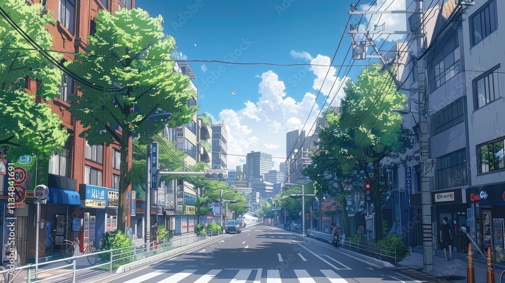 Naklejka premium a beautiful tokyo city town view in anime cartoonish artstyle. wallpaper background