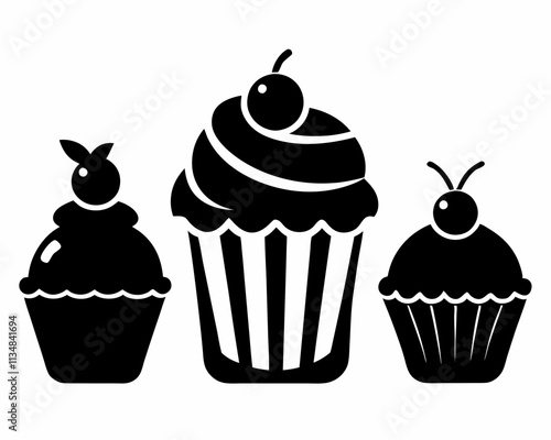 Set of black cupcakes icon, Collection of cupcake silhouette vector