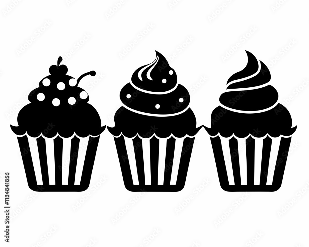 Set of black cupcakes icon, Collection of cupcake silhouette vector Set of black cupcakes icon, Collection of cupcake silhouette vector