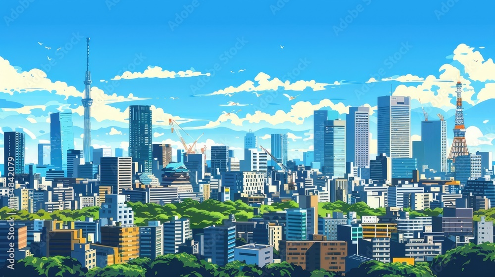a beautiful view on tokyo japanese skyline city with scyscraper office buildings. anime cartoonish artstyle