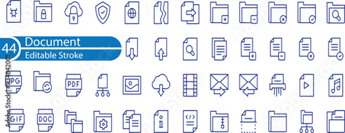 Document set of web icons in line style. Documents linear icon collection. Containing contract papers, folder, certificate, accept, approved, clipboard, invoice, archive icons and more