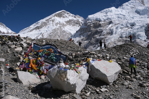 Colorful board with Buddhist prayer flags in Everest Base Camp. Sagarmatha National Park, Khumbu valley, Himalayas, Nepal photo