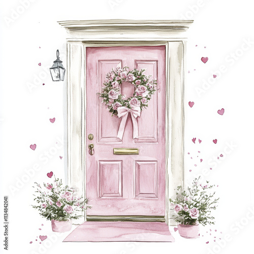 charming pink door adorned with floral wreath, surrounded by hearts and plants, evokes warm, inviting atmosphere