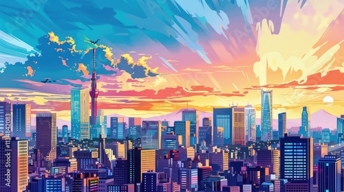 a beautiful view on tokyo japanese skyline city with scyscraper office buildings. anime cartoonish artstyle photo