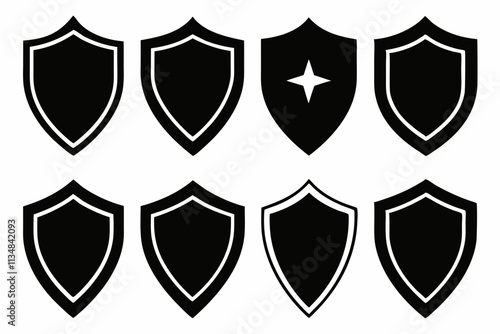 Shield icon set in vintage style. Protect shield security icon set. Shield badge quality symbol