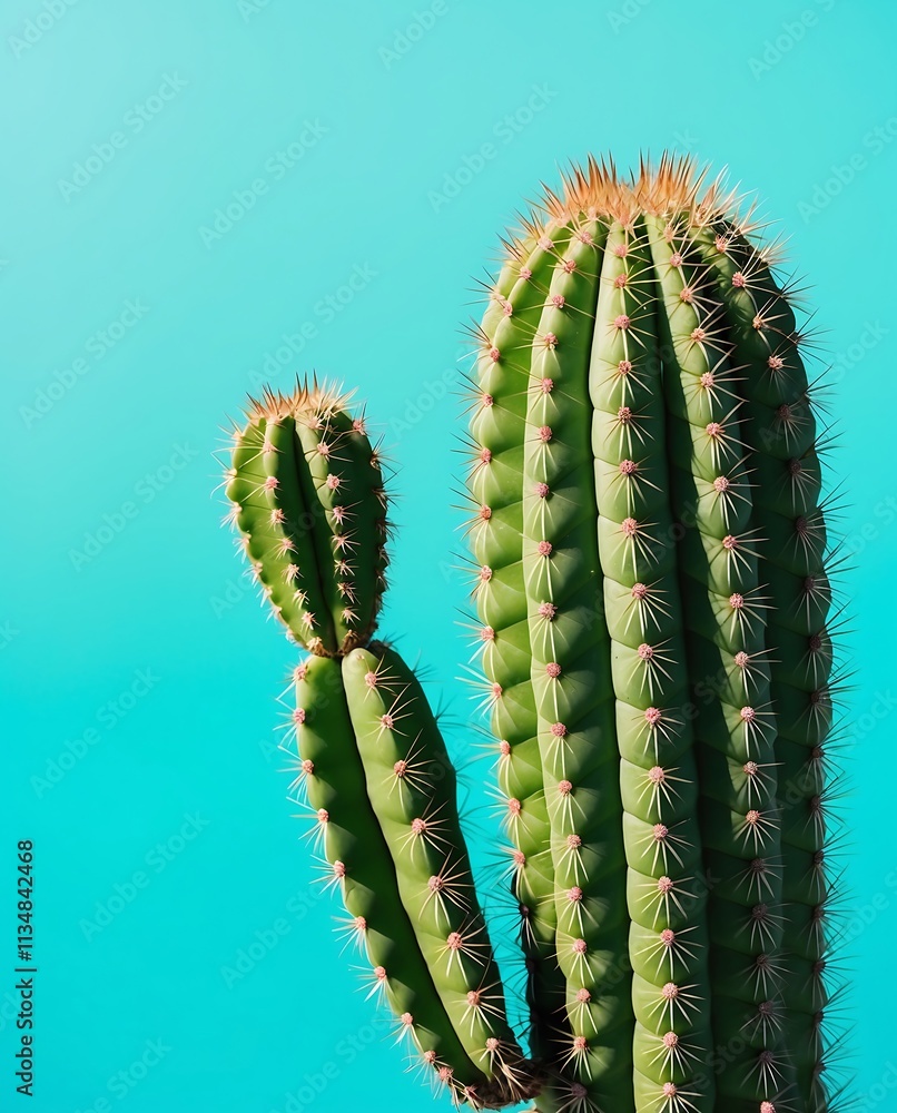Naklejka premium Stunning Close-Up of a Cactus Against a Vibrant Turquoise Sky: A Desert Botanical Masterpiece