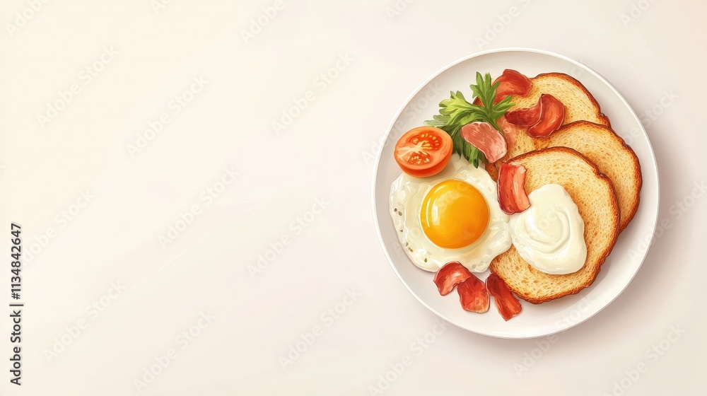 Delicious breakfast plate featuring fried egg, bacon, fresh tomato slices, creamy sauce over toasted bread, garnished with greens on a light background