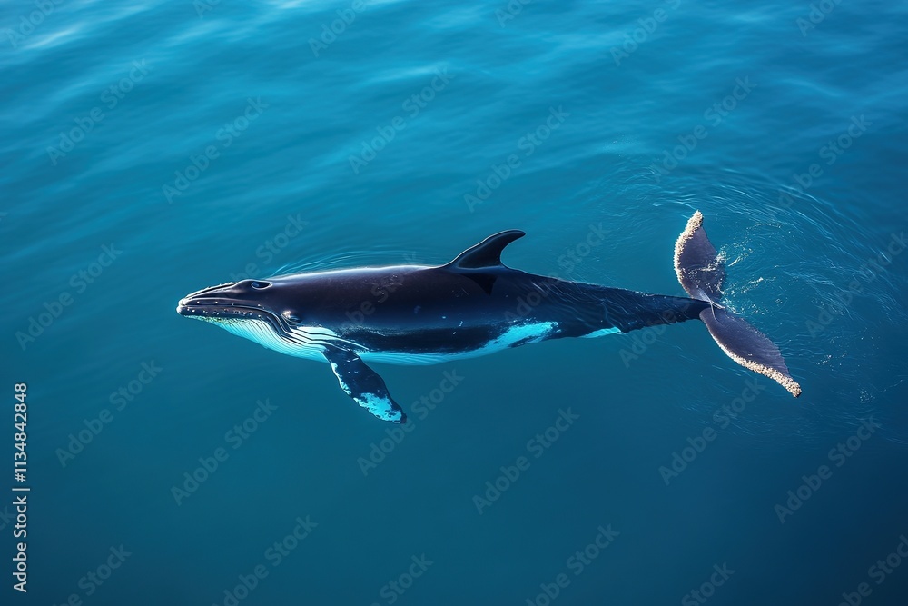 Obraz premium solitary endangered whale swimming in deep blue ocean whale is captured in clear focus while background gently fades