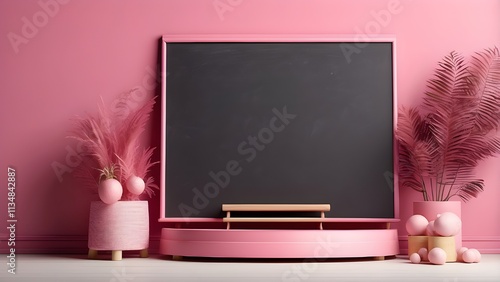 pink podium and standing chalkboard mockup with decorations