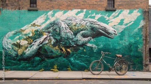 Wildlife Conservation Mural on Brooklyn Street: Endangered Species Among Geometric Patterns, Urban Textures, and a Vintage Bicycle in Soft Morning Light. photo