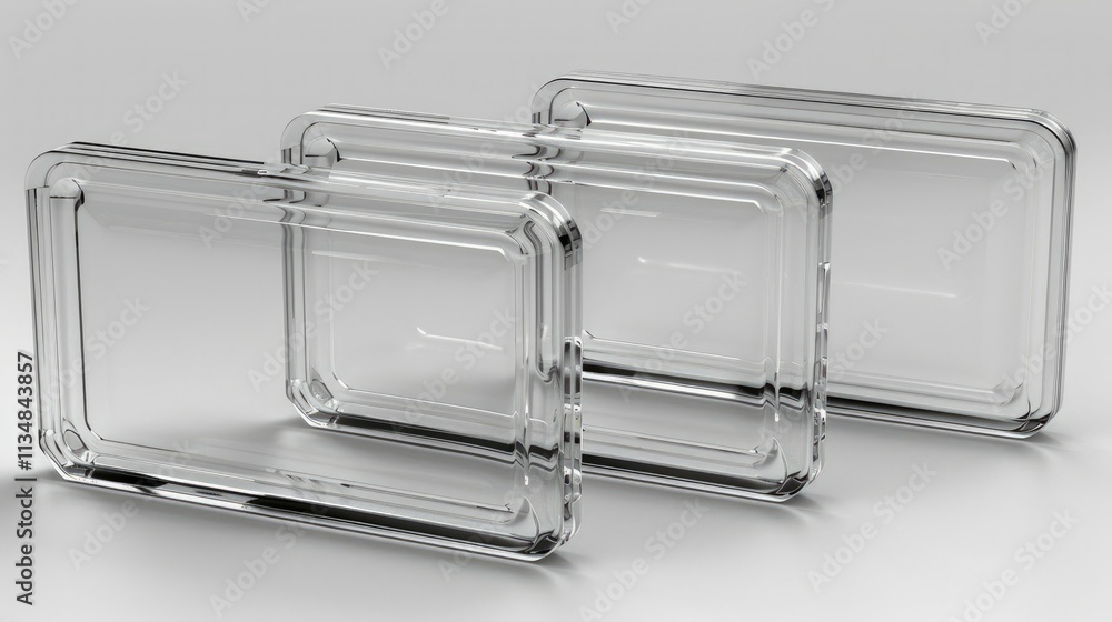 Three transparent rectangular containers arranged in a row, showcasing their clear design. Three transparent rectangular containers arranged in a row, showcasing their clear design.