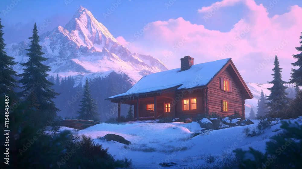 Cozy cabin in a snowy mountain landscape at dusk Cozy cabin in a snowy mountain landscape at dusk