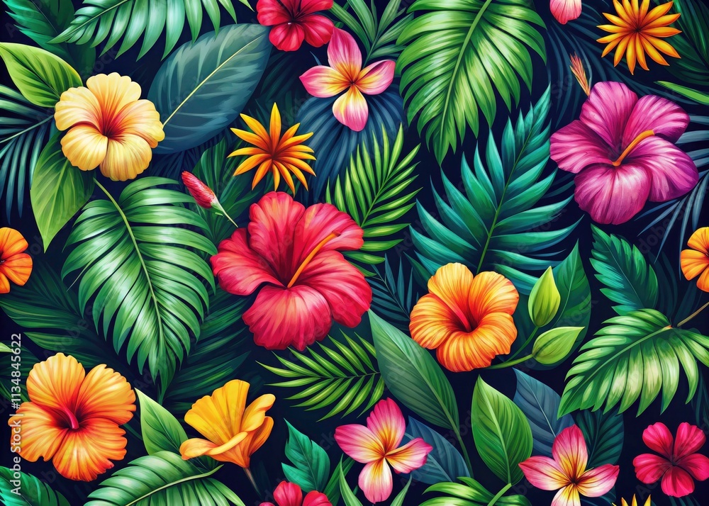 Tropical Hibiscus Flower Palm Leaf Pattern Dark Background Drone Photography Seamless Hand Drawn Illustration Tropical Hibiscus Flower Palm Leaf Pattern Dark Background Drone Photography Seamless Hand Drawn Illustration