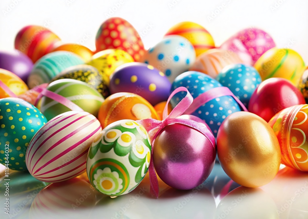 Colorful Easter Eggs with Ribbons on a White Background for Festive Decor, Perfect for Banners and Seasonal Celebrations, Ample Copy Space for Creative Projects and Greetings Colorful Easter Eggs with Ribbons on a White Background for Festive Decor, Perfect for Banners and Seasonal Celebrations, Ample Copy Space for Creative Projects and Greetings