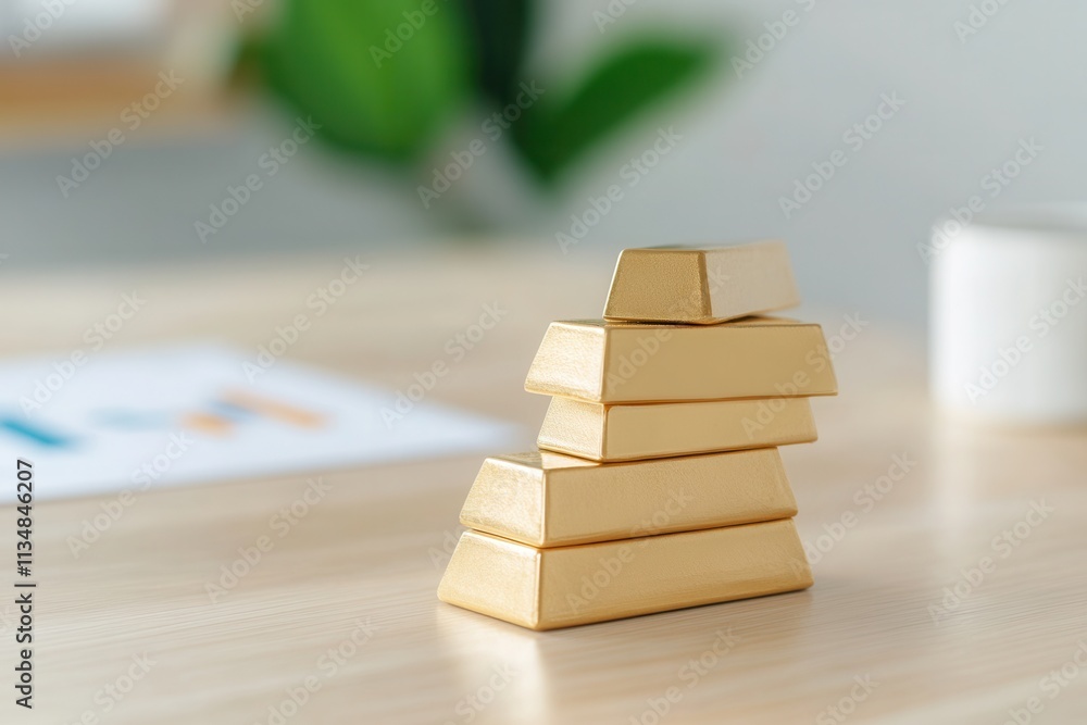 Shiny gold bars stacked on a desk in an office setting, symbolizing wealth, investment, and financial success Shiny gold bars stacked on a desk in an office setting, symbolizing wealth, investment, and financial success