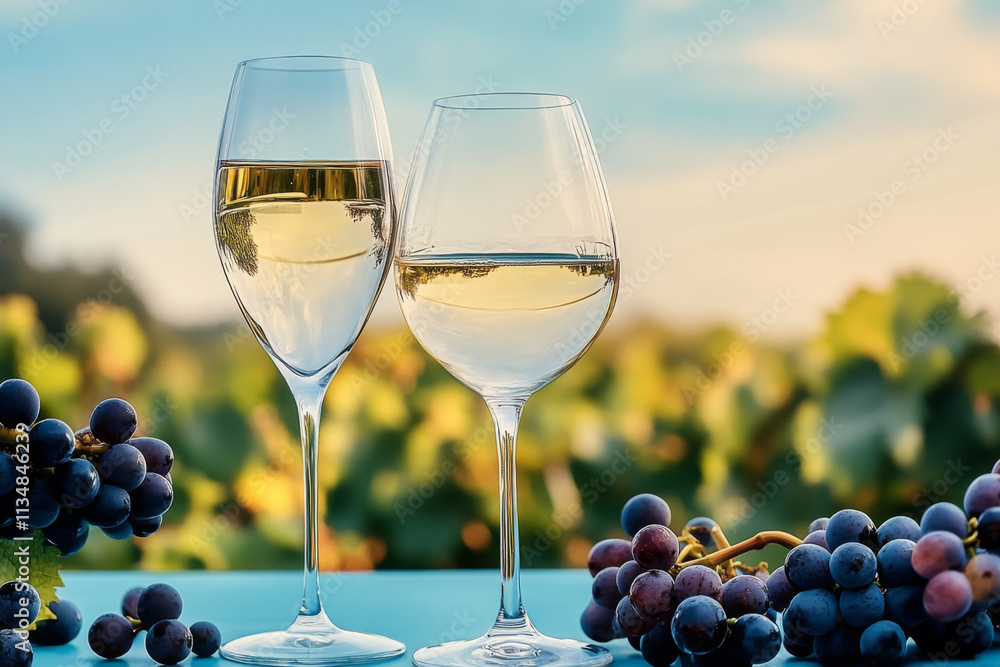 Elegant wine glasses filled with white wine beside fresh grapes in vineyard. serene background captures essence of wine industry and its natural beauty Elegant wine glasses filled with white wine beside fresh grapes in vineyard. serene background captures essence of wine industry and its natural beauty