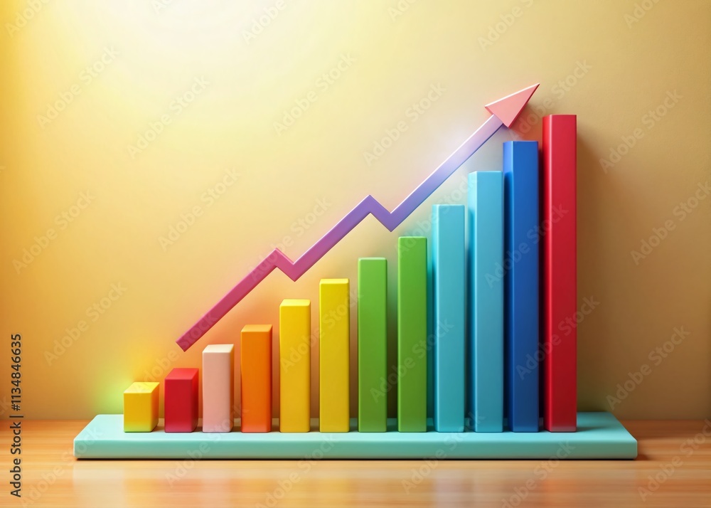 Colorful Growth Graph Illustrating Progress with Vibrant Bars and Upward Arrow on a Soft Pastel Background for Business and Financial Success Themes Colorful Growth Graph Illustrating Progress with Vibrant Bars and Upward Arrow on a Soft Pastel Background for Business and Financial Success Themes