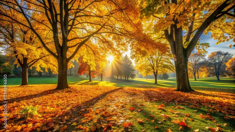 Naklejka premium Colorful Golden Autumn in the Park with a Carpet of Bright Yellow, Orange, and Copper Maple Leaves on Green Grass for Stunning Fall Landscape Ecology Concept
