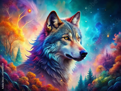 Colorful Gradient Wolf Artwork Template for Abstract Animal Design, Featuring an Intricate Blend of Vivid Colors and Unique Patterns, Ideal for Creative Branding and Artistic Projects photo