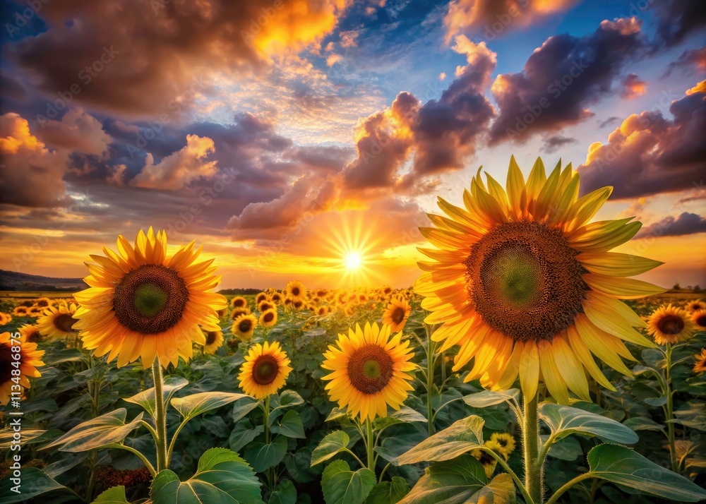 Fototapeta premium Vibrant Sunflowers Sunset Landscape Photography - Colorful Sky, Tall Sunflowers, Summer Field