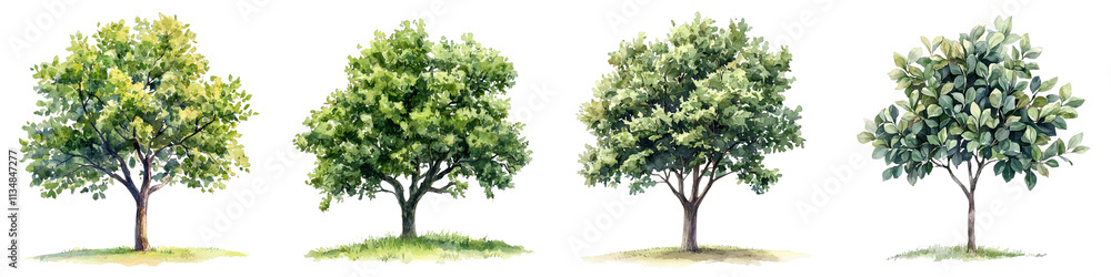 Four distinct walnut trees displaying varying foliage colors and textures, showcasing seasonal changes from spring to summer. Four distinct walnut trees displaying varying foliage colors and textures, showcasing seasonal changes from spring to summer.