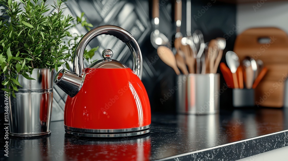 Modern Red Kettle on Kitchen Counter with Stylish Cookware and Decor Modern Red Kettle on Kitchen Counter with Stylish Cookware and Decor