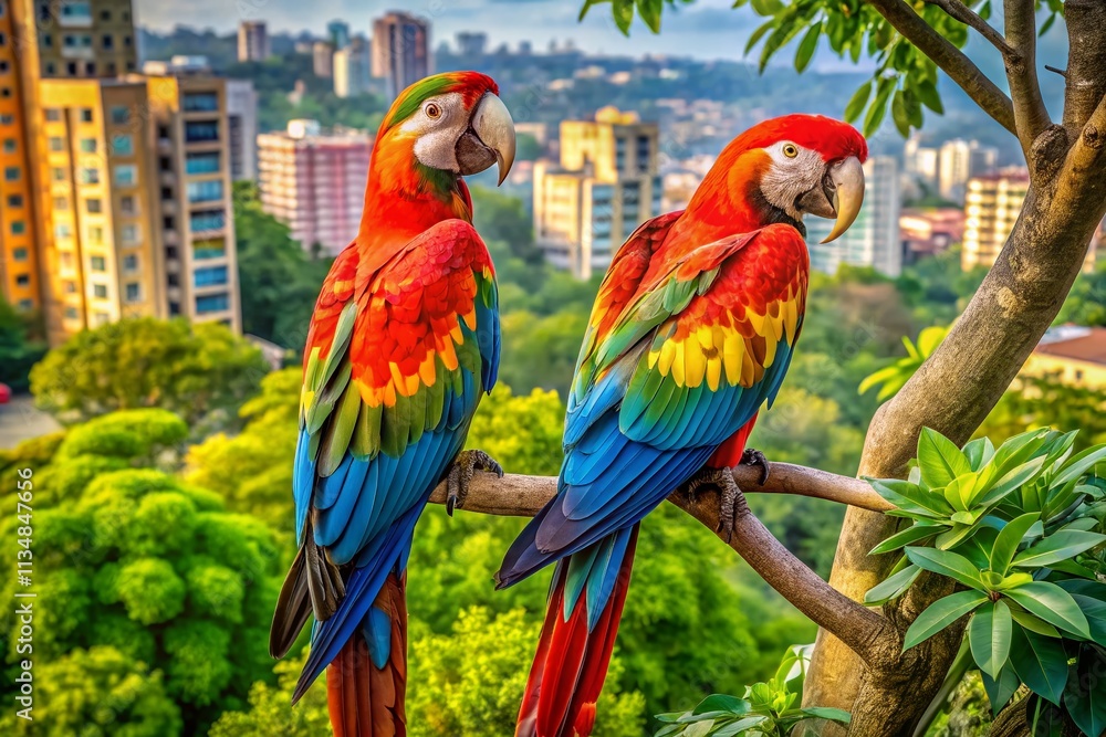 Colorful Macaws Perched in a Vibrant Urban Tree Amidst Lush Foliage, Showcasing Nature's Beauty in the Heart of the City, Perfect for Urban Exploration Photography Enthusiasts Colorful Macaws Perched in a Vibrant Urban Tree Amidst Lush Foliage, Showcasing Nature's Beauty in the Heart of the City, Perfect for Urban Exploration Photography Enthusiasts