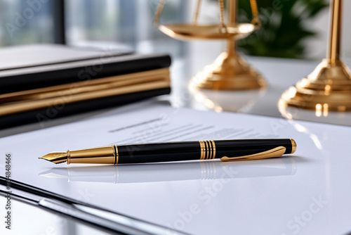 Close-up of a lawyer's desk with a legal brief, pen, and document