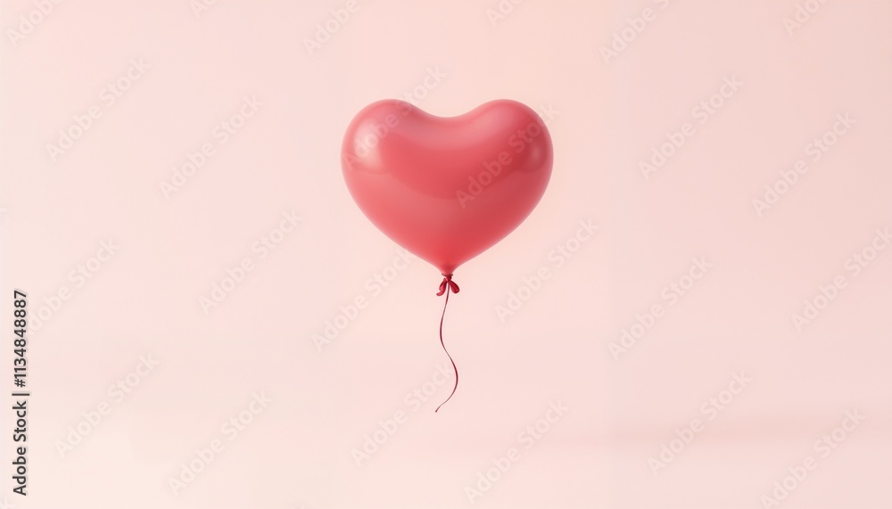 Bright red heart-shaped balloon floating against soft pink background Bright red heart-shaped balloon floating against soft pink background