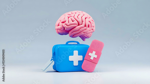 Modern health and wellness concept featuring a human brain, medical first aid box, and large pink plaster, symbolizing mental healthcare and treatment