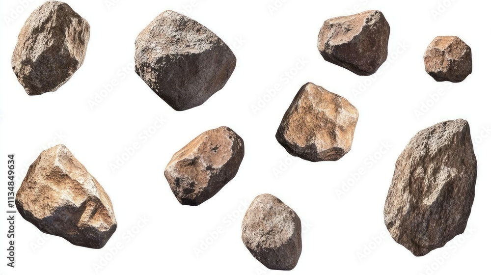 A swarm of asteroids floating against a white background, showcasing rugged textures and varying sizes. A swarm of asteroids floating against a white background, showcasing rugged textures and varying sizes.
