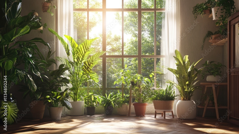 Sunlit Indoor Garden: Lush Greenery Basking in Golden Sunlight Through a Large Window Sunlit Indoor Garden: Lush Greenery Basking in Golden Sunlight Through a Large Window
