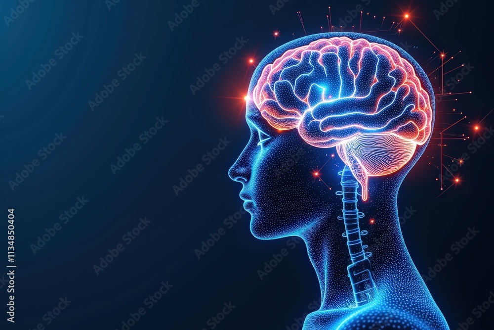 Obraz premium Illuminating the Mind: Exploring Neural Connections and Brain Activity with a Futuristic Blue and Red Theme