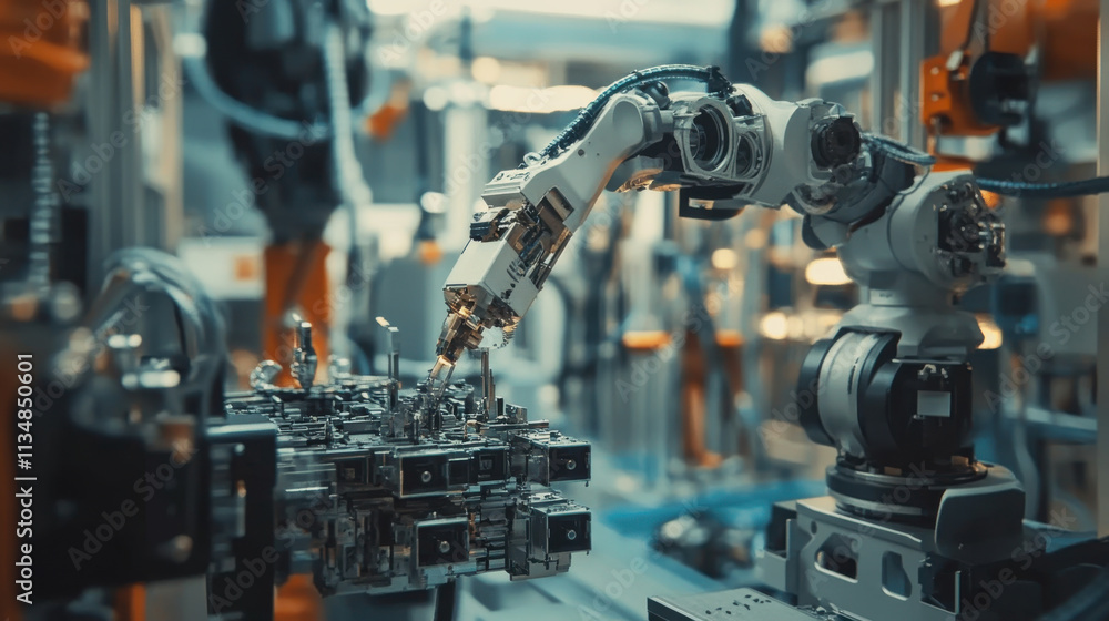 Robotic arm assembling components in modern factory setting Robotic arm assembling components in modern factory setting