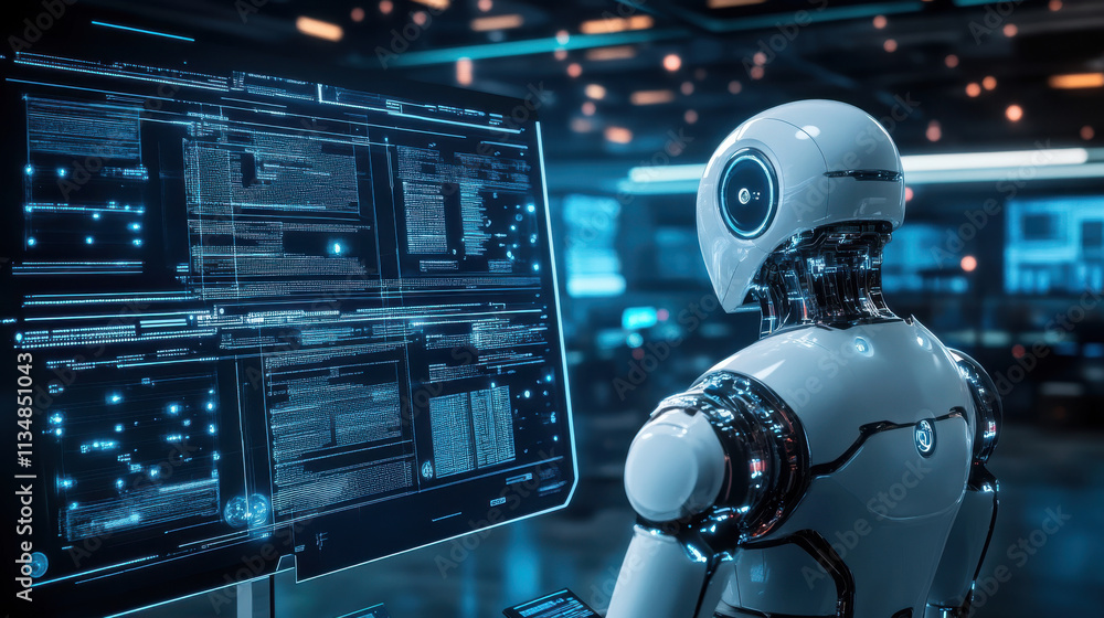 futuristic workspace featuring AI assistant analyzing data futuristic workspace featuring AI assistant analyzing data